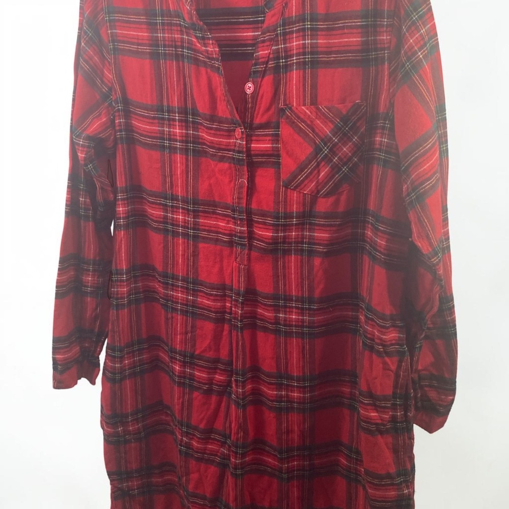 Sleep Sense Wonder Land Red Plaid Nightshirt Long Sleeve Button Front L